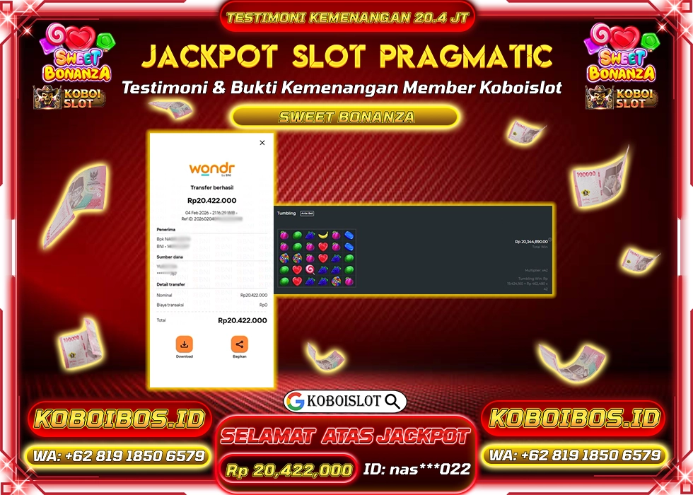 BUKTI KEMENANGAN nas***022 SLOT SWEET BONANZA Rp20.422.000,- LUNAS
